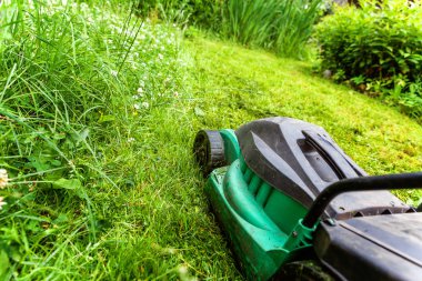Adam arka bahçede çim biçme makinesi ile yeşil çim kesme