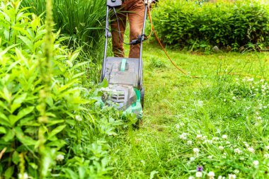 Adam arka bahçede çim biçme makinesi ile yeşil çim kesme