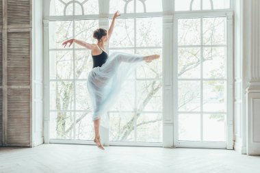 Genç Klasik Bale dansçısı kadın dans dersi. Mavi tutu etek beyaz ışık salonda büyük pencere yakınındaki güzel zarif balerin pratik bale pozisyonlar