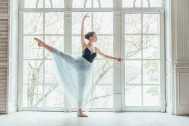 Genç Klasik Bale dansçısı kadın dans dersi. Mavi tutu etek beyaz ışık salonda büyük pencere yakınındaki güzel zarif balerin pratik bale pozisyonlar