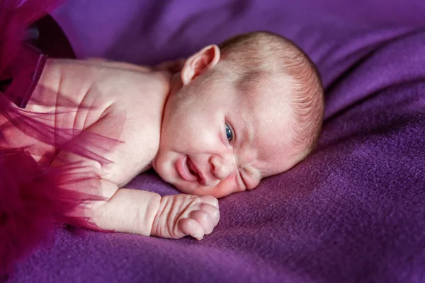 Soft Portrait Peaceful Sweet Newborn Infant Baby Lying Bed While — Stock Photo, Image