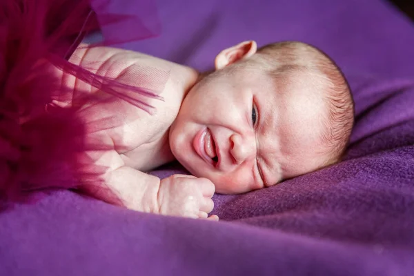 보라색 배경에서 침대에 평화로운 달콤한 신생아 아기의 부드러운 초상화 달콤한 — 스톡 사진