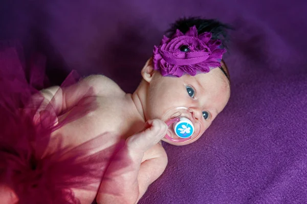 Soft Portrait Peaceful Sweet Newborn Infant Baby Lying Bed While — Stock Photo, Image