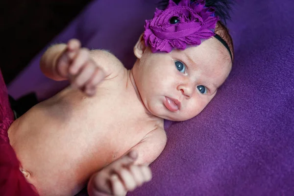 Soft Portrait Peaceful Sweet Newborn Infant Baby Lying Bed While — Stock Photo, Image