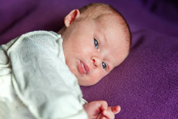 Soft Portrait Peaceful Sweet Newborn Infant Baby Lying Bed While — Stock Photo, Image