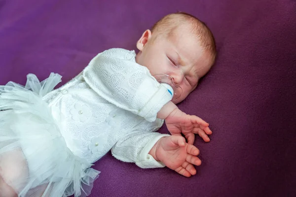 Soft Portrait Peaceful Sweet Newborn Infant Baby Lying Bed While — Stock Photo, Image