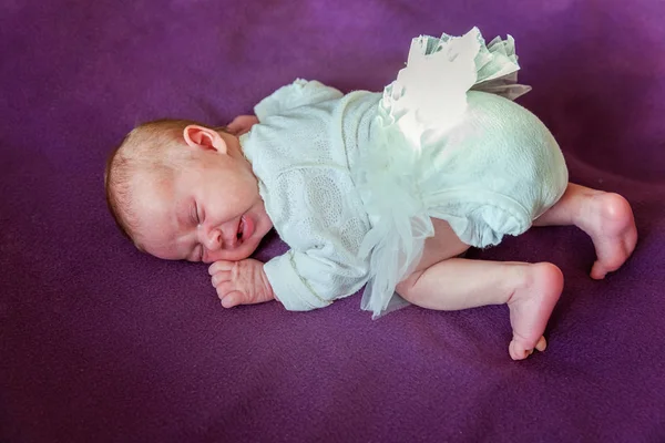 Soft Portrait Peaceful Sweet Newborn Infant Baby Lying Bed While — Stock Photo, Image