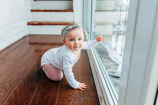 Little Crawling Baby Girl One Year Old Siting Floor Bright — Stock Photo, Image