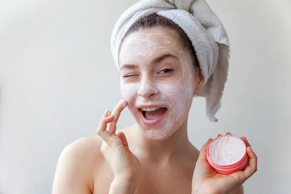 Beauty Portrait Smiling Brunette Woman Towel Head Applying White Nourishing — Stock Photo, Image