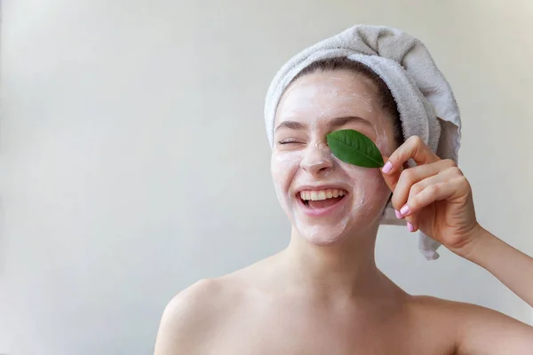 Beauty Portrait Woman Towel Head White Nourishing Mask Creme Face — Stock Photo, Image