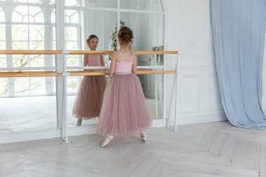 Dans sınıfındaki genç klasik balerin kız. Güzel, zarif balerin, bale pozisyonu pembe etekli, beyaz ışıklı salonda büyük aynanın yanında.