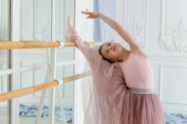 Dans sınıfındaki genç klasik balerin kız. Güzel, zarif balerin, bale pozisyonu pembe etekli, beyaz ışıklı salonda büyük aynanın yanında.