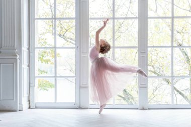 Balerin kız pembe bale etek. Tutu etek beyaz ışık salonda büyük pencere yakınındaki güzel zarif ballerine pratik bale pozisyonlar.