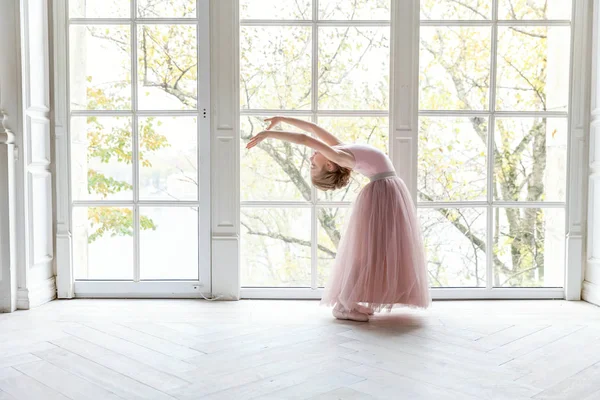 Young classical ballet dancer girl in dance class. Beautiful graceful ballerina practice ballet positions in pink tutu skirt near large window in white light hall