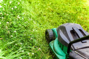 Bahçede çim biçme makinesiyle çim biçen bir adam. Bahçe işleri kırsal yaşam tarzı. Güneş ışığında taze yeşil çimlerin manzarası baharda ya da yaz mevsiminde bahçe manzarası