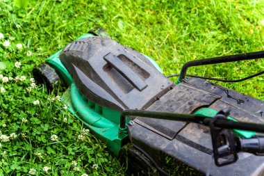 Bahçede çim biçme makinesiyle çim biçen bir adam. Bahçe işleri kırsal yaşam tarzı. Güneş ışığında taze yeşil çimlerin manzarası baharda ya da yaz mevsiminde bahçe manzarası