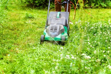Bahçede çim biçme makinesiyle çim biçen bir adam. Bahçe işleri kırsal yaşam tarzı. Güneş ışığında taze yeşil çimlerin manzarası baharda ya da yaz mevsiminde bahçe manzarası