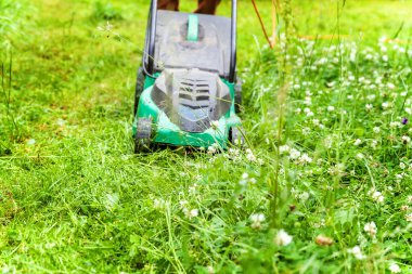 Bahçede çim biçme makinesiyle çim biçen bir adam. Bahçe işleri kırsal yaşam tarzı. Güneş ışığında taze yeşil çimlerin manzarası baharda ya da yaz mevsiminde bahçe manzarası