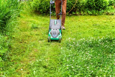 Bahçede çim biçme makinesiyle çim biçen bir adam. Bahçe işleri kırsal yaşam tarzı. Güneş ışığında taze yeşil çimlerin manzarası baharda ya da yaz mevsiminde bahçe manzarası