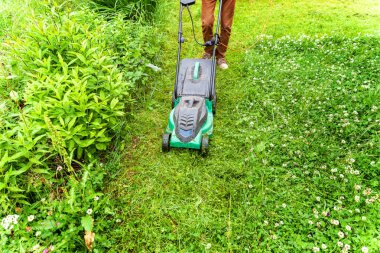 Bahçede çim biçme makinesiyle çim biçen bir adam. Bahçe işleri kırsal yaşam tarzı. Güneş ışığında taze yeşil çimlerin manzarası baharda ya da yaz mevsiminde bahçe manzarası