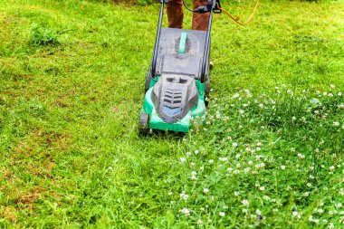 Bahçede çim biçme makinesiyle çim biçen bir adam. Bahçe işleri kırsal yaşam tarzı. Güneş ışığında taze yeşil çimlerin manzarası baharda ya da yaz mevsiminde bahçe manzarası