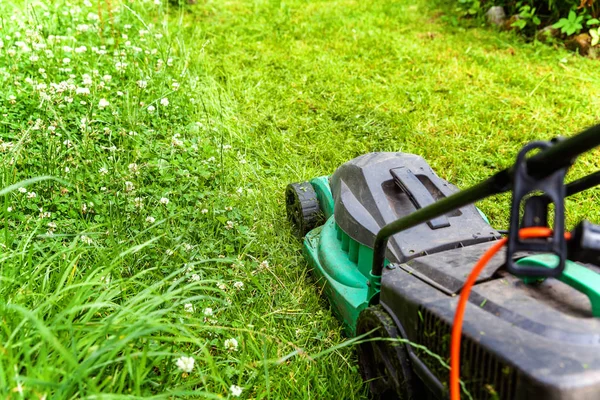 Homme Coupant Herbe Verte Avec Tondeuse Gazon Dans Cour Jardinage — Photo