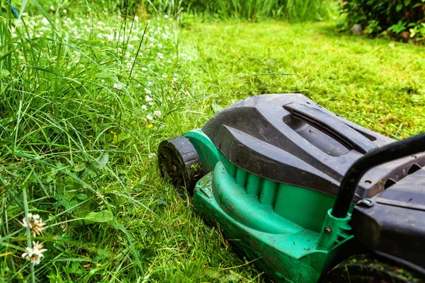 Hombre Cortando Hierba Verde Con Cortacésped Patio Trasero Jardinería País —  Fotos de Stock