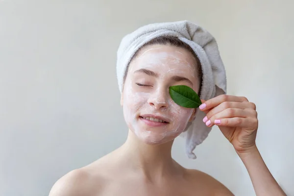 Beauty Portrait Woman Towel Head White Nourishing Mask Creme Face — Stock Photo, Image