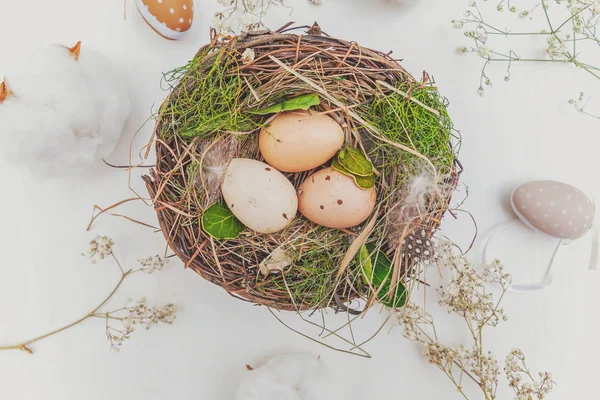 Decoração Páscoa Com Ovo Ninho Com Musgo Fundo Madeira Branco — Fotografia de Stock