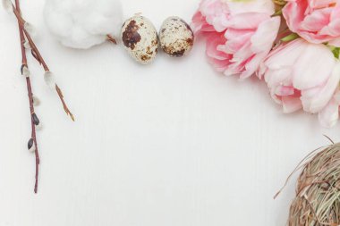Bahar tebrik kartı. Paskalya yumurtaları içinde iç içe pamuk söğüt dalı ve pembe taze Lale çiçek buketi beyaz rustik ahşap zemin üzerinde. Paskalya kavramı. Düz yatıyordu üstten görünüm kopya alanı. Bahar çiçekler