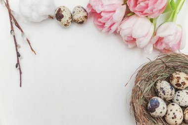 Bahar tebrik kartı. Paskalya yumurtaları içinde iç içe pamuk söğüt dalı ve pembe taze Lale çiçek buketi beyaz rustik ahşap zemin üzerinde. Paskalya kavramı. Düz yatıyordu üstten görünüm kopya alanı. Bahar çiçekler