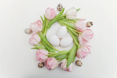 Bahar tebrik kartı. Paskalya yumurta yuva ve pembe taze Lale çiçek buketi beyaz rustik ahşap zemin üzerinde. Paskalya kavramı. Düz yatıyordu üstten görünüm kopya alanı. Bahar çiçekler