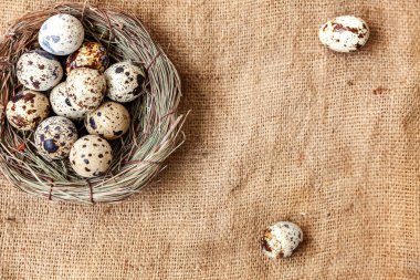 Paskalya yumurta yuva ve kahverengi rustik keten tuval zemin üzerine Pamuk ile dekorasyon. Paskalya kavramı. Düz yatıyordu üstten görünüm kopya alanı. Bahar tebrik kartı