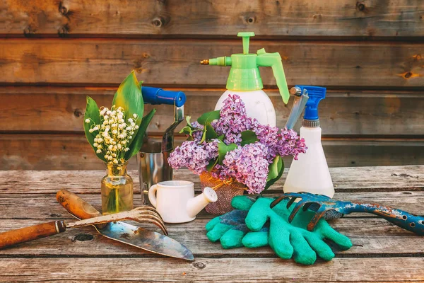 Attrezzi Giardinaggio Annaffiatoio Pala Vanga Potatore Rastrello Guanto Fiori Lilla — Foto Stock