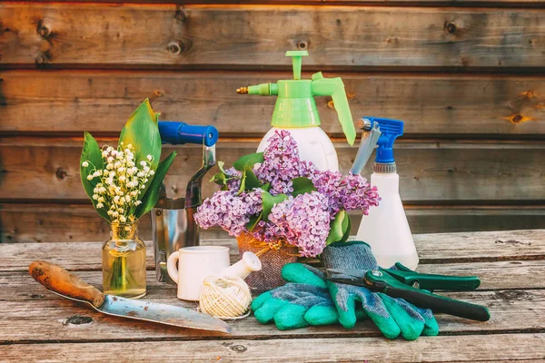 Attrezzi Giardinaggio Annaffiatoio Pala Vanga Potatore Rastrello Guanto Fiori Lilla — Foto Stock