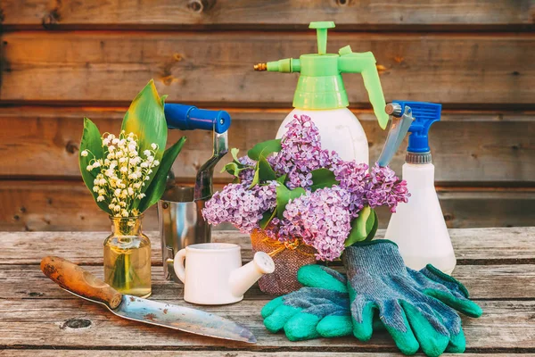 Attrezzi Giardinaggio Annaffiatoio Pala Vanga Potatore Rastrello Guanto Fiori Lilla — Foto Stock