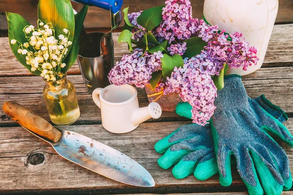 Attrezzi Giardinaggio Annaffiatoio Pala Vanga Potatore Rastrello Guanto Fiori Lilla — Foto Stock