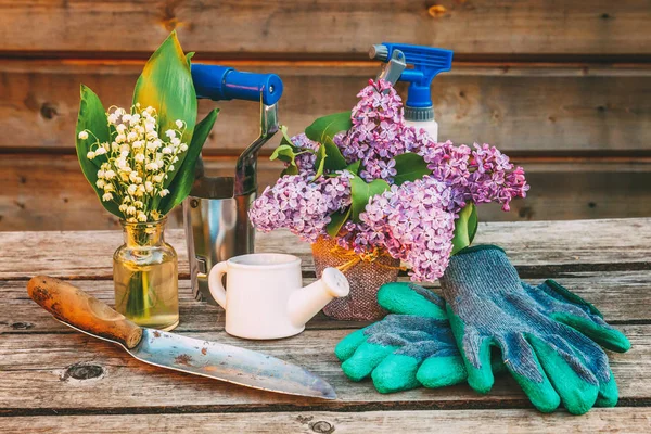 Attrezzi Giardinaggio Annaffiatoio Pala Vanga Potatore Rastrello Guanto Fiori Lilla — Foto Stock