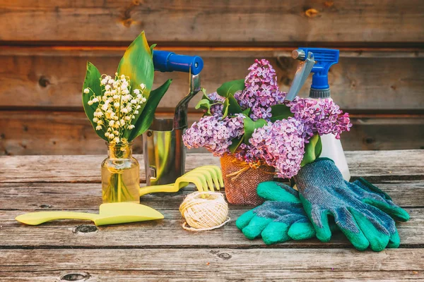 Attrezzi Giardinaggio Annaffiatoio Pala Vanga Potatore Rastrello Guanto Fiori Lilla — Foto Stock