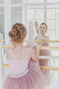 Dans sınıfındaki genç klasik balerin kız. Güzel, zarif balerin, bale pozisyonu pembe etekli, beyaz ışıklı salonda büyük aynanın yanında.