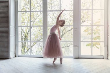 Dans sınıfındaki genç klasik balerin kız. Güzel, zarif balerin, bale pozisyonu pembe etekli, beyaz ışıklı salonun geniş penceresinin yanında.