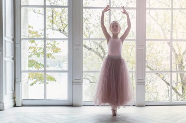 Dans sınıfındaki genç klasik balerin kız. Güzel, zarif balerin, bale pozisyonu pembe etekli, beyaz ışıklı salonun geniş penceresinin yanında.