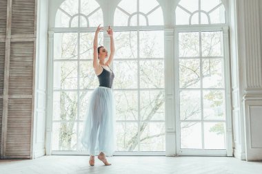 Genç Klasik Bale dansçısı kadın dans dersi. Mavi tutu etek beyaz ışık salonda büyük pencere yakınındaki güzel zarif balerin pratik bale pozisyonlar