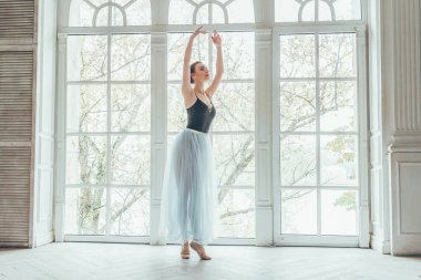 Genç Klasik Bale dansçısı kadın dans dersi. Mavi tutu etek beyaz ışık salonda büyük pencere yakınındaki güzel zarif balerin pratik bale pozisyonlar