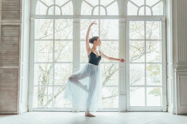 Genç Klasik Bale dansçısı kadın dans dersi. Mavi tutu etek beyaz ışık salonda büyük pencere yakınındaki güzel zarif balerin pratik bale pozisyonlar