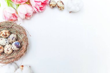 Bahar tebrik kartı. Paskalya yumurtaları içinde iç içe pamuk ve pembe taze Lale çiçek buketi beyaz rustik ahşap zemin üzerinde. Paskalya kavramı. Düz yatıyordu üstten görünüm kopya alanı. Bahar çiçekler