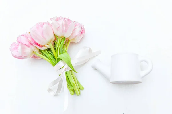 Cartão Saudação Primavera Buquê Flores Tulipas Rosa Pastel Luz Fresca — Fotografia de Stock