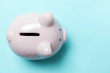 Yatırım bütçe servet emeklilik finansal para bankacılık kavramı kaydetme. Pembe kumbara mavi pastel renkli şık arka plan üzerinde izole. Düz yatıyordu üstten görünüm kopya alanı