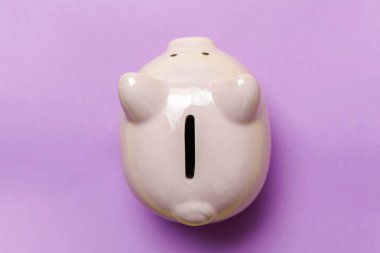 Yatırım bütçe servet emeklilik finansal para bankacılık kavramı kaydetme. Pembe kumbara mor Menekşe pastel renkli şık arka plan üzerinde izole. Düz yatıyordu üstten görünüm kopya alanı