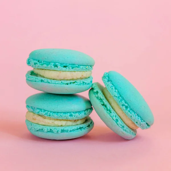 Sweet almond colorful unicorn blue macaron or macaroon dessert cake isolated on trendy pink pastel background. French sweet cookie. Minimal food bakery concept. Copy space